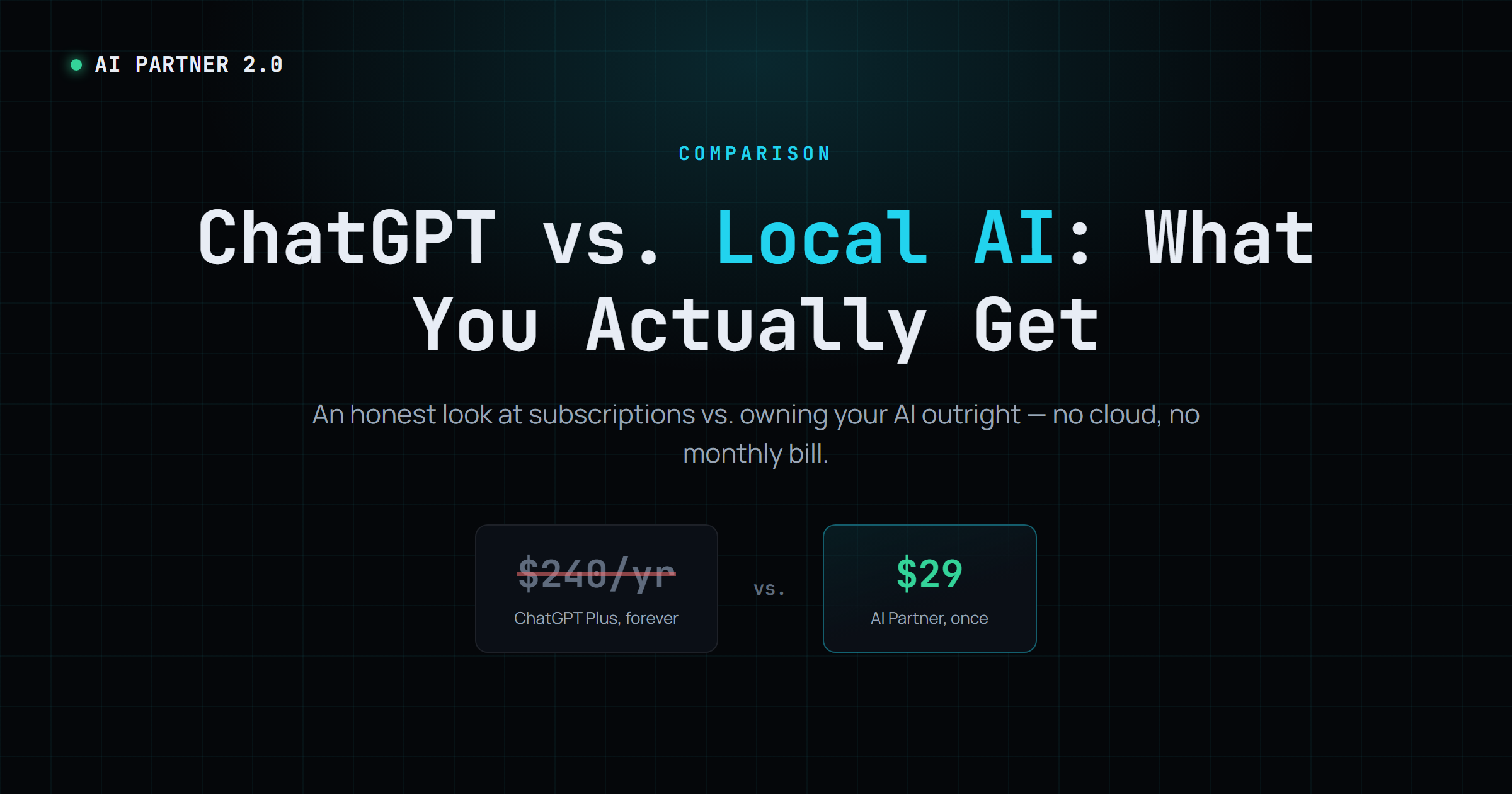 ChatGPT vs. Local AI: What You Actually Get — $240/yr forever vs. $29 once